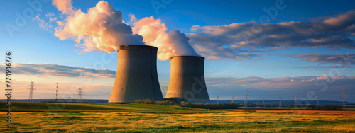 Two large power plants are emitting smoke into the sky photo