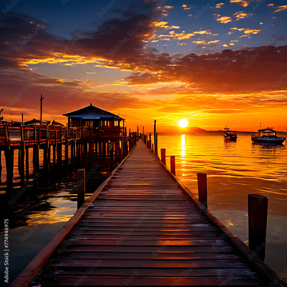 As the sun bids adieu, its golden hues paint the sky,
Embracing the pier, where boats silently lie.
