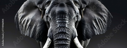 Close up elephant on gray background, wide horizontal panoramic banner with copy space, or web site header with empty area for text.