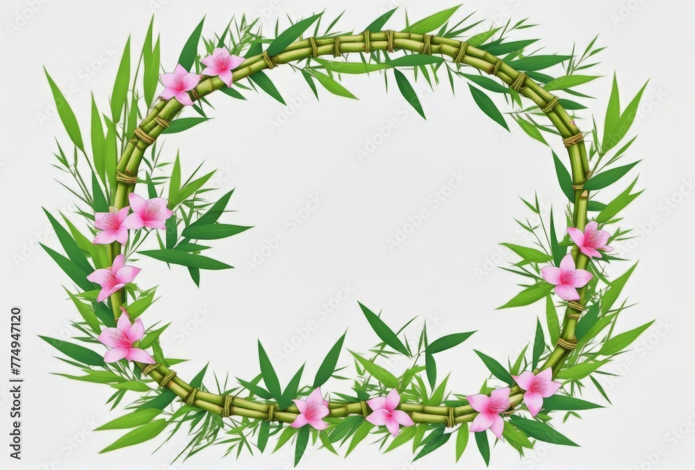 Bamboo Wreath Sakura Illustration: Japanese Floral Art, Zen Design, Cherry Blossom Decor