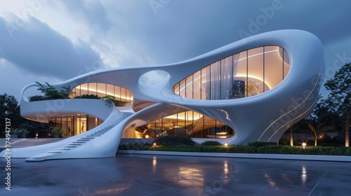 A modern house with a curved staircase and large windows, AI