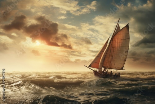 Yacht sailboat sailing in an open sea at sunset. Dramatic glowing clouds, golden sunlight, waves and water splashes, cyclone. Epic seascape