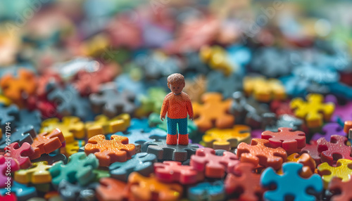 Miniature figure standing among scattered puzzle pieces, depicting problem-solving or complexity, concept for the World Autism Awareness Day