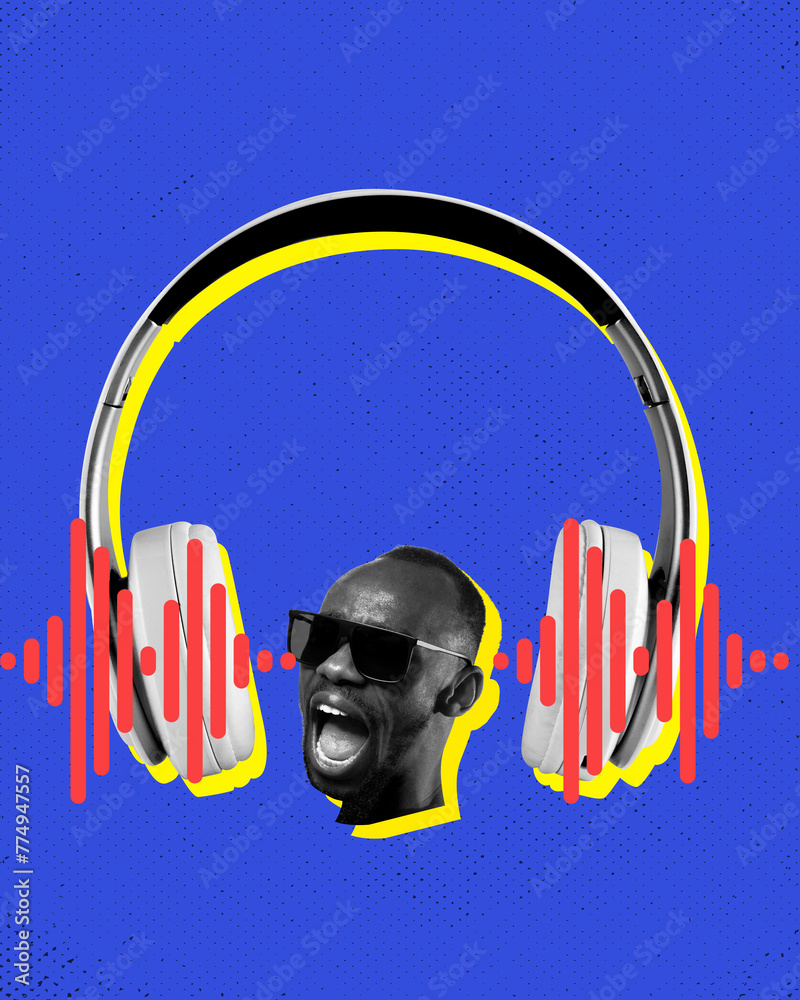 Monochrome face of emotional man and big headphones on blue background. Music lover. Contemporary art collage. Concept of music, performance, inspiration, creativity, festival, event. Poster, ad - obrazy, fototapety, plakaty 