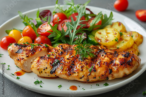 Enjoy an appetizing  nutritious diet plate featuring grilled chicken fillet with arugula  tomato  and sliced potato.