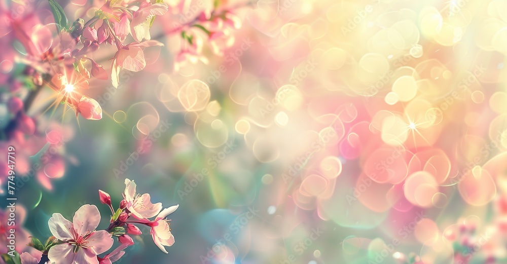 Beautiful spring background with a blooming tree, pastel colors, bokeh, sunlight and sun rays Beautiful spring background with a blooming tree, pastel colors, bokeh, sunlight and sun rays