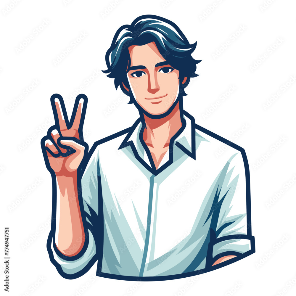 Man showing peace sign design illustration, happy male gesturing peace victory sign with hand, joyfulness, gladness, positive emotion vector template isolated on white background Man showing peace sign design illustration, happy male gesturing peace victory sign with hand, joyfulness, gladness, positive emotion vector template isolated on white background
