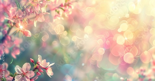 Beautiful spring background with a blooming tree  pastel colors  bokeh  sunlight and sun rays