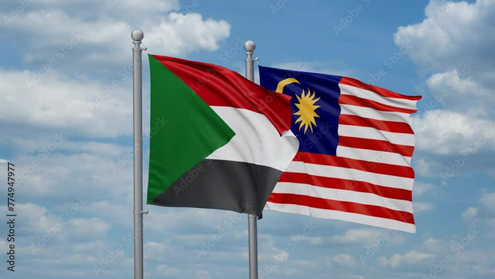 Malaysia and Sudan two flags waving together, looped video, two country cooperation concept Malaysia and Sudan two flags waving together, looped video, two country cooperation concept