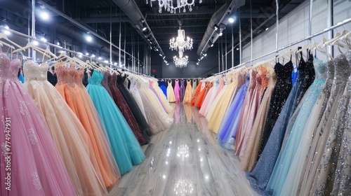 Luxurious modern shop boutique filled with many colorful and elegant formal dresses for various special occasions and events.