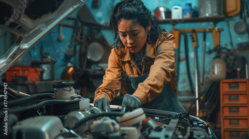 A beautiful woman in a garage, working hard on the engine of her car with the bonnet open, Blur effect in the background