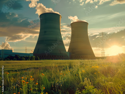 Two large power plants are in a field with a beautiful sunset in the background