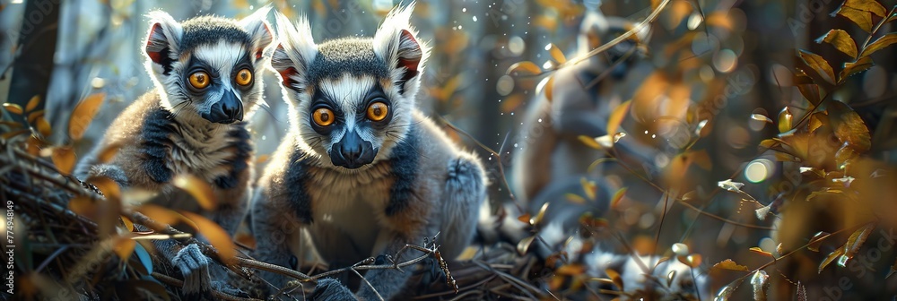 Fototapeta premium Inquisitive lemur family in madagascar rainforest, cinematic shot capturing charm in moonlight style