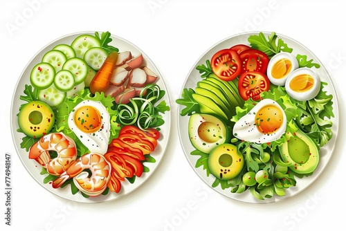 Healthy salad plates with fresh greens, vegetables, avocado, eggs, chicken and shrimp, isolated on white, digital illustration photo