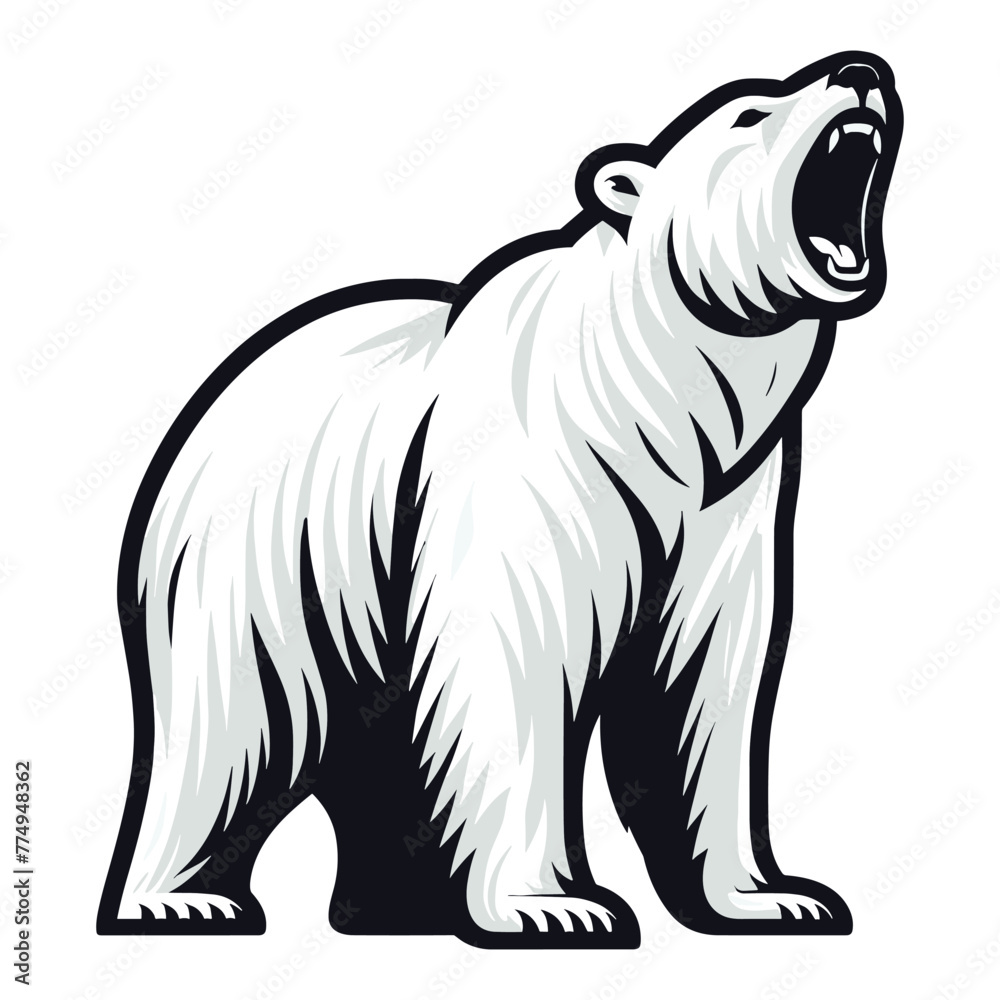 Wild roaring polar bear full body vector illustration, arctic north pole animal icon, zoology element illustration, design template isolated on white background