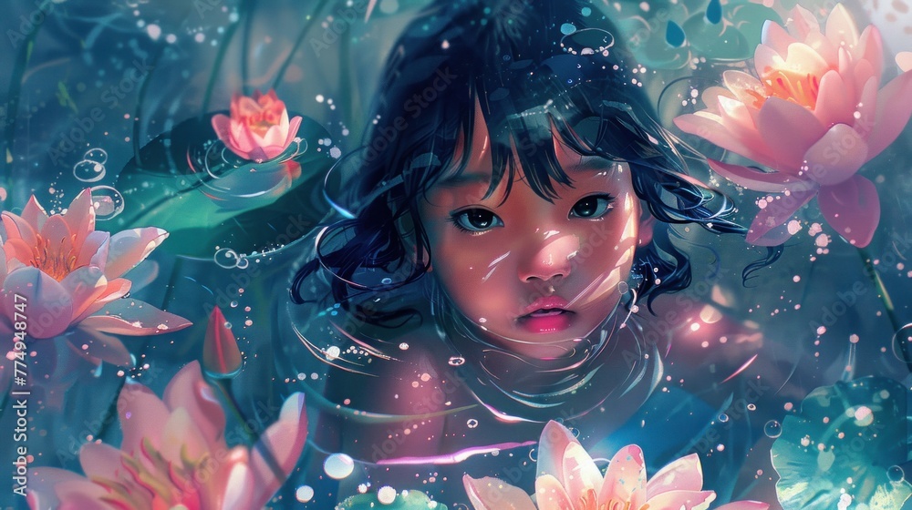 Digital painting of young girl surrounded by water lilies, pink flowers, and water droplets.