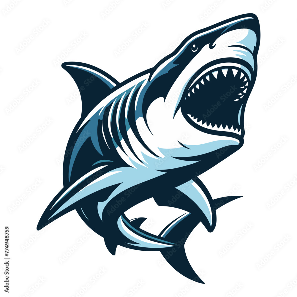 Fototapeta premium Angry wild great white shark vector illustration, marine predator animal element illustration, swimming toothy shark design template isolated on white background
