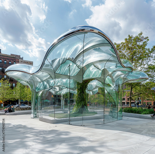 a modern pavilion, amorph structure, glass facade, steel structure, walkable green roof, light colors, sunny day photo