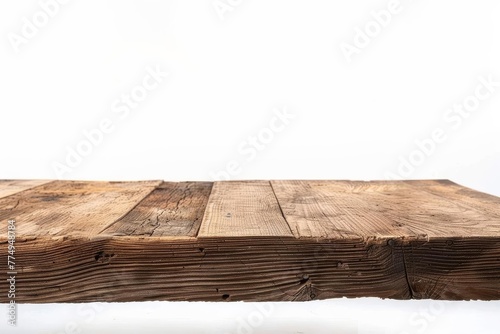Isolated Rustic Wooden Tabletop on White Background for Product Display, Empty Studio Shot