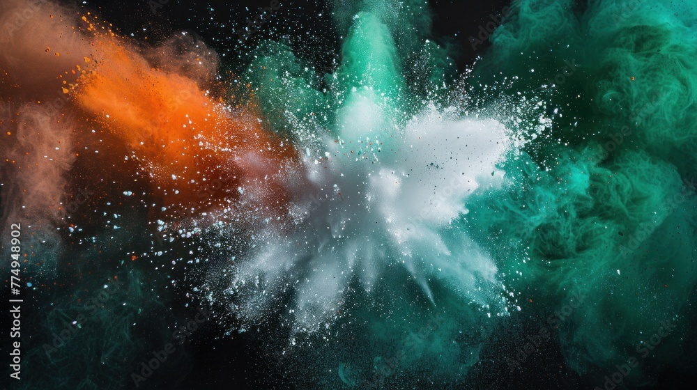 Explosive burst of colored powder against a dark background, where vibrant hues of green, white, and orange collide in a mesmerizing display.