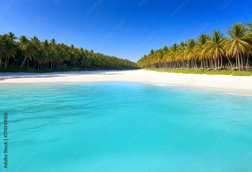 a tropical beach with palm trees and a blue water