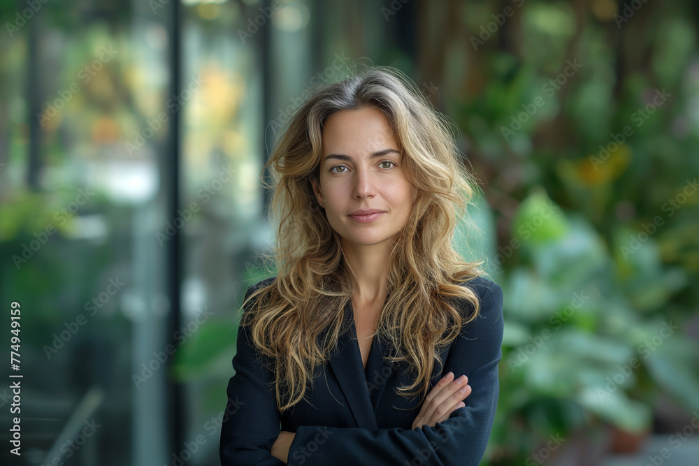 A successful woman CEO in her 40s standing with his arms crossed against a forest of city buildings in the background A successful woman CEO in her 40s standing with his arms crossed against a forest of city buildings in the background