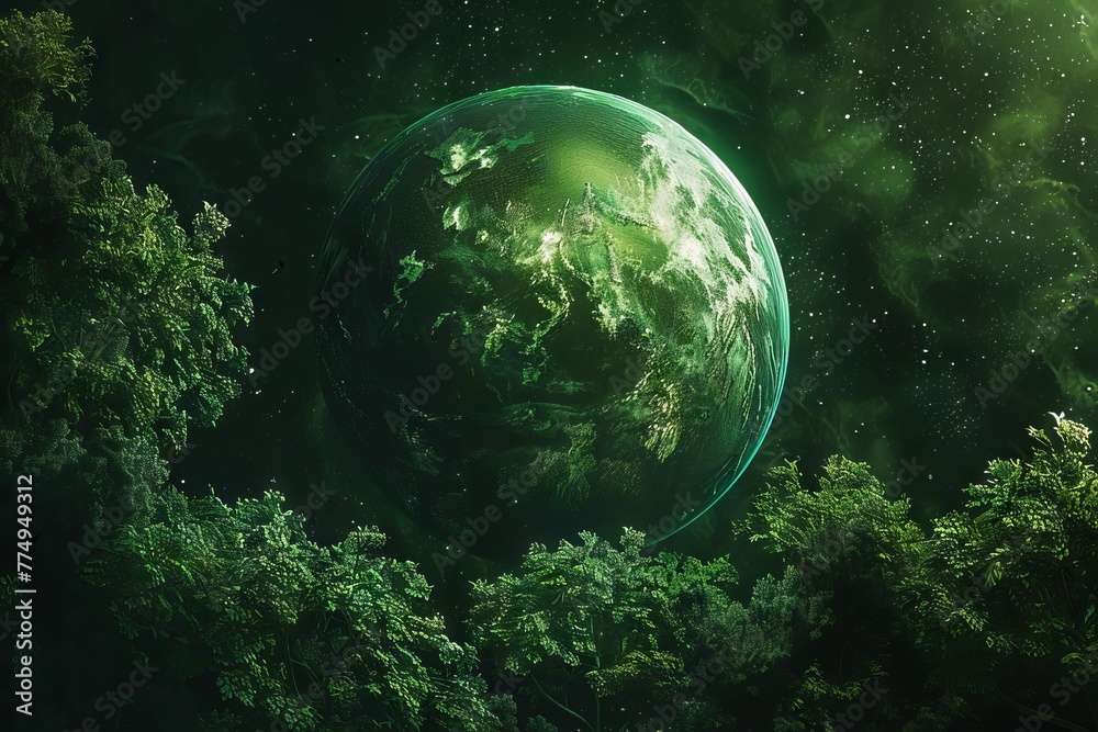 Lush green planet covered in dense vegetation, futuristic concept of a habitable world, digital illustration