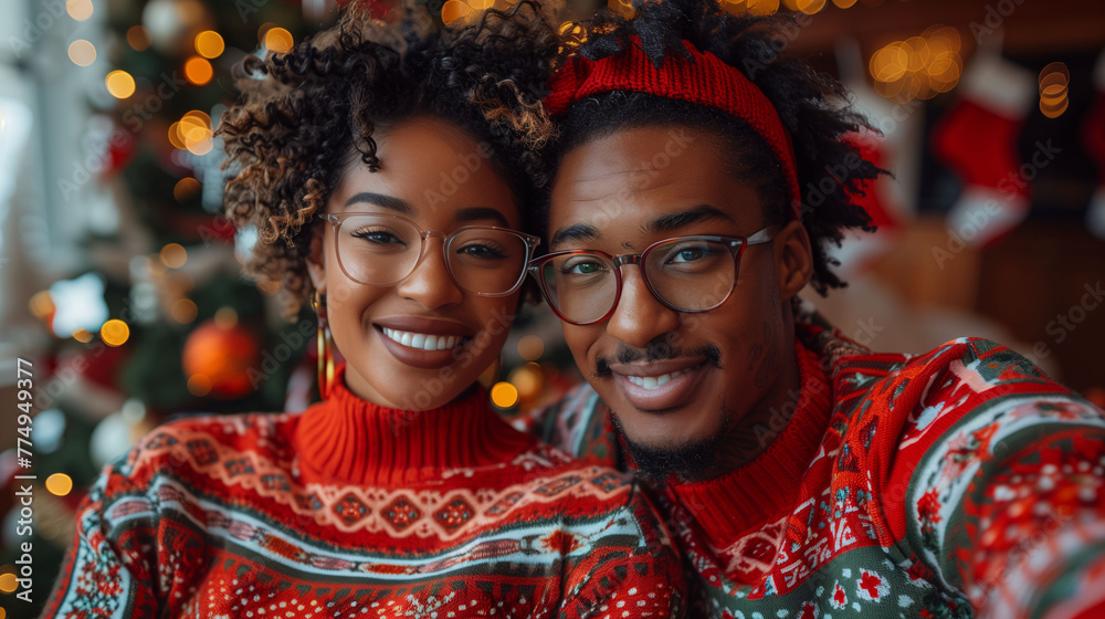 Happy couple embracing in festive setting with Christmas tree lights in background, displaying warmth and joy.