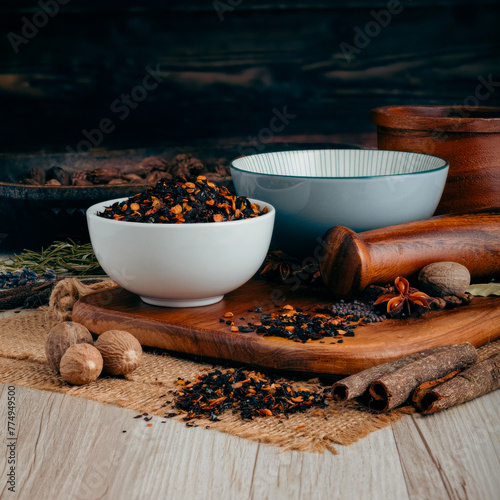 ANCHO CHILLI PEPPER FLAKES on wooden table background. Herbs, spices and dried food baking ingredient. Mortar and different spices. Cottage kitchen. Product Photography