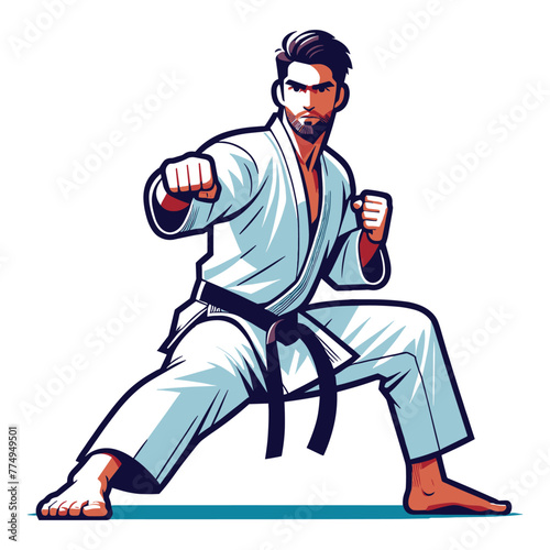 Man taekwondo athlete full body vector illustration, male taekwondo martial art player, kicking attack technique, fight sport. design template isolated on white background