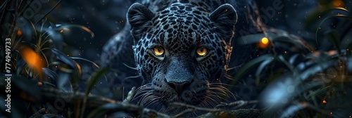 Mysterious black jaguar prowling in starlit forest, photorealistic wide angle scene