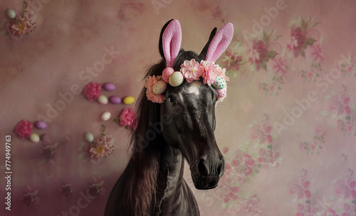 portrait of a friesian horse with easter eggs and bunny ears. easter concept