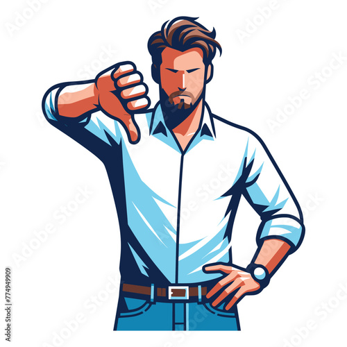 Man showing thumbs down vector illustration, unhappy male gesturing disapproval sign, dislike, disagreement, negative expression. design template isolated on white background
