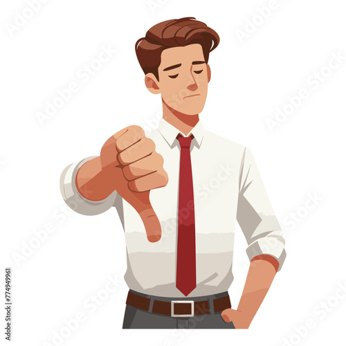 Man showing thumbs down design illustration, unhappy male gesturing dislike, disapproval sign, negative expression, disagreement. vector template isolated on white background