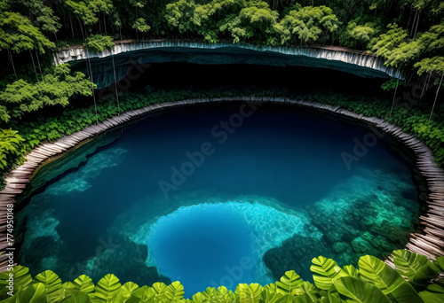 the blue hole in the jungle is surrounded by green plants in mexico photo
