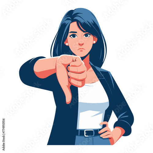Woman showing thumbs down vector illustration, unhappy girl gesturing disapproval sign, dislike, disagreement, negative expression. design template isolated on white background