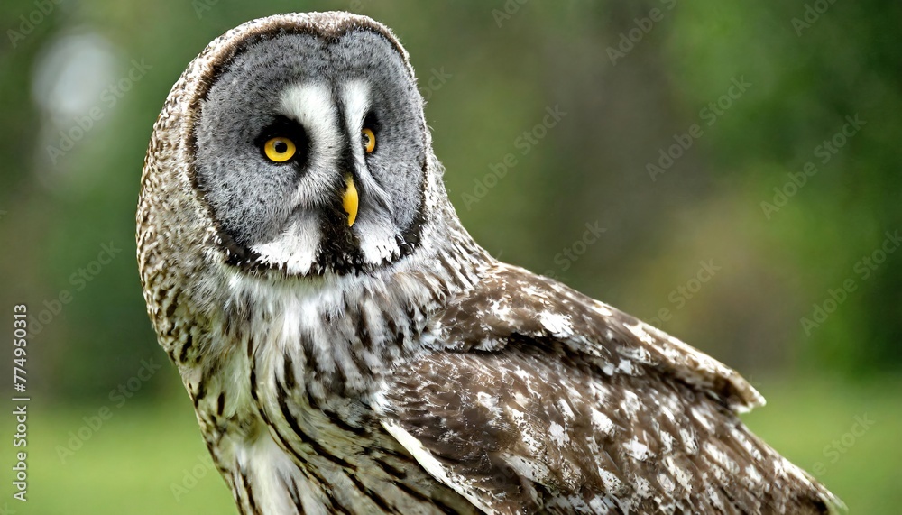 Obraz premium Great grey gray owl - Strix nebulosa - aka Phantom of the North, cinereous, spectral, Lapland, spruce, bearded, and sooty owl worlds largest species of owl by length. Face close up with yellow eyes