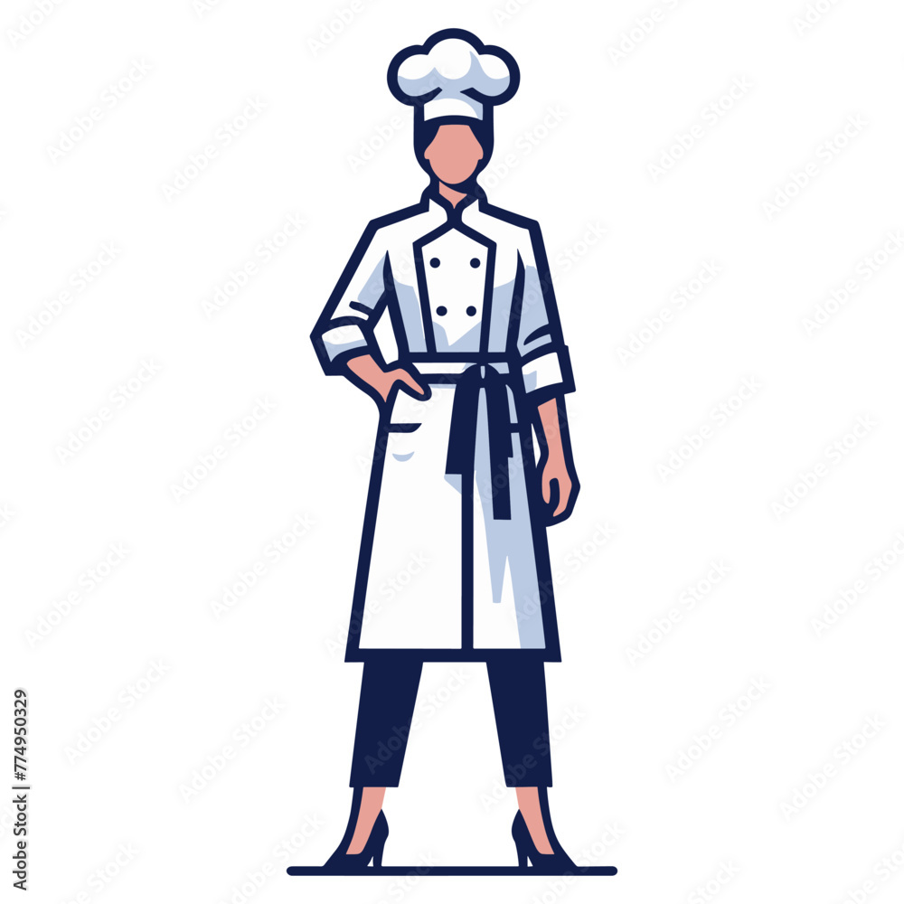 Beautiful woman chef full body mascot logo vector illustration, female character with hat and chef uniform, restaurant business concept, design template isolated on white background