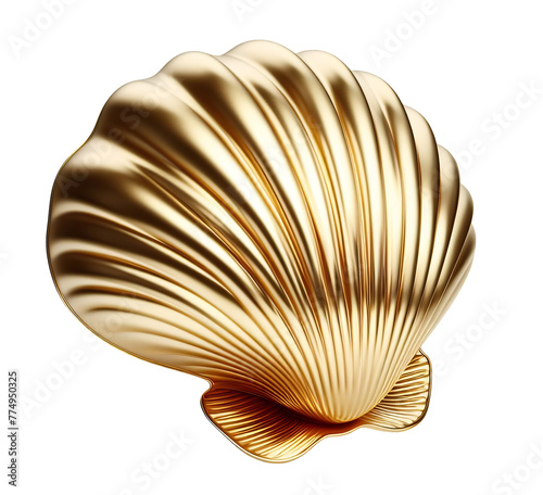Shiny snail seashell made of gold, photorealistic, isolated on white background, for use as decoration element