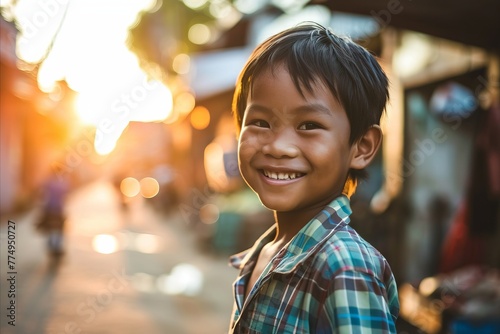 Portrait of asian little boy smiling and looking at camera in the street.