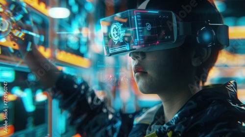 Person using augmented reality glasses to interact with objects in a metaverse environment.