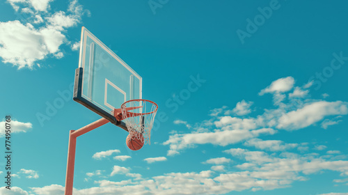 An outdoor basketball hoop with weathered backboard against a clear blue sky, perfect for sporting and outdoor themes