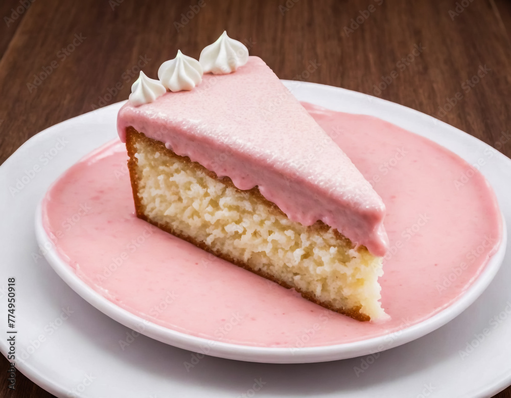 A delicious slice of cake with a soft pink sauce A delicious slice of cake with a soft pink sauce