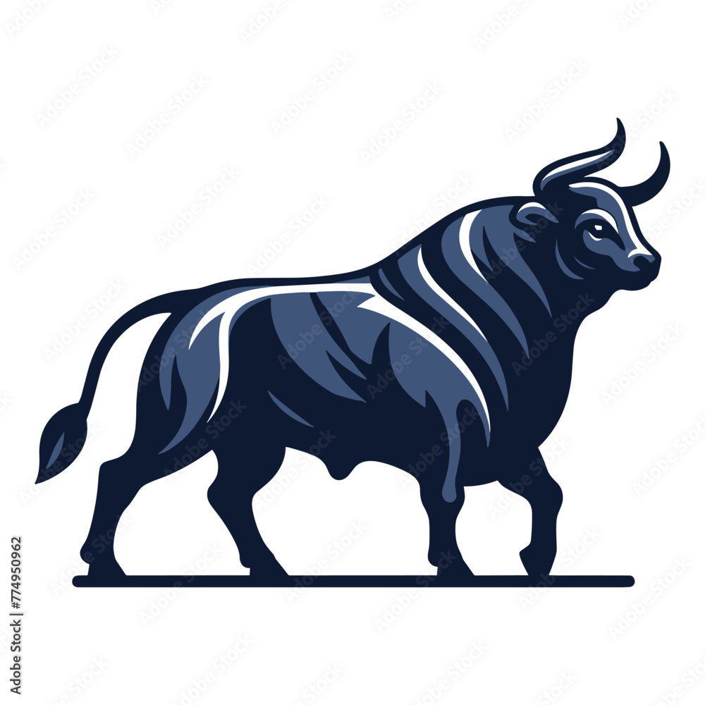Obraz premium Strong bull full body vector mascot illustration, angry horned bull concept, farm animal or butcher shop graphic template, design isolated on white background