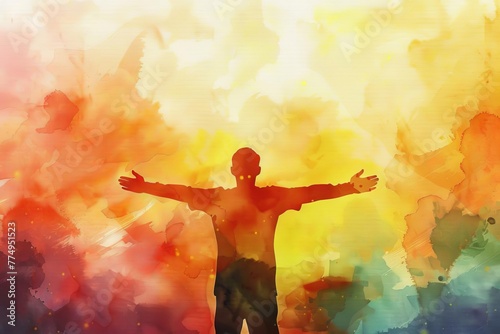 Silhouette of man in worship, watercolor background, spiritual concept illustration