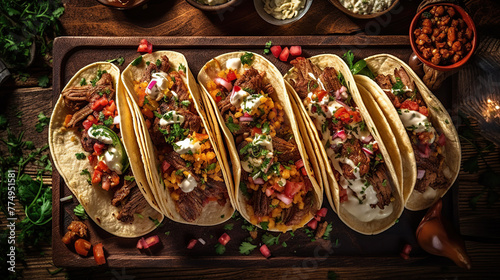 Traditional mexican tacos with beef, vegetables and salsa on wooden background