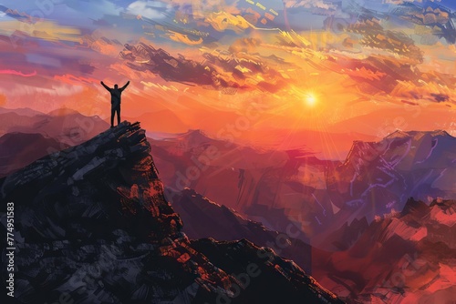Silhouette of person standing on mountaintop, arms raised in triumph, sunset landscape, digital painting #774951583