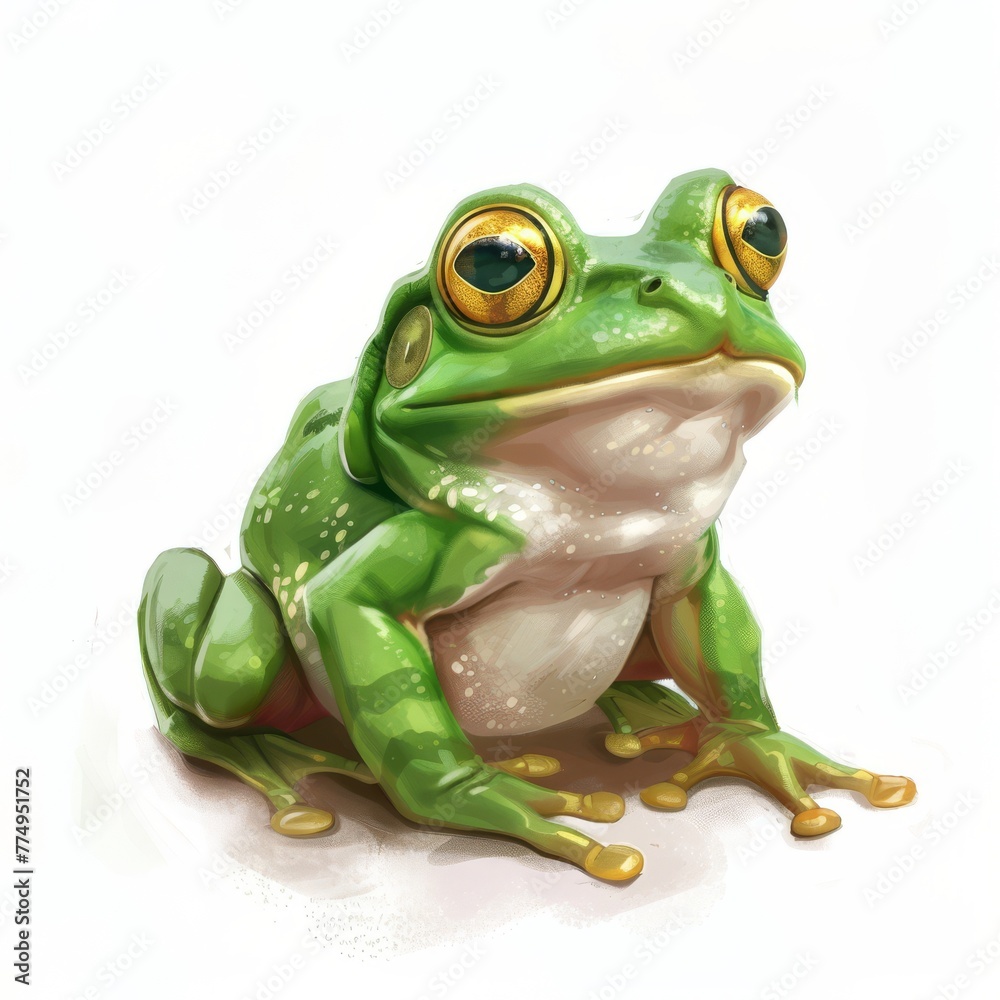 Obraz premium A vividly detailed illustration of a green frog with striking golden eyes, ideal for educational content, wildlife conservation articles, or as vibrant artwork for themed décor.