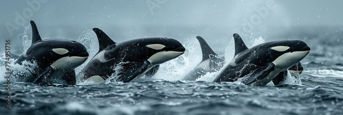 Orca pod hunting with effortless grace in photorealistic ocean scenic photography