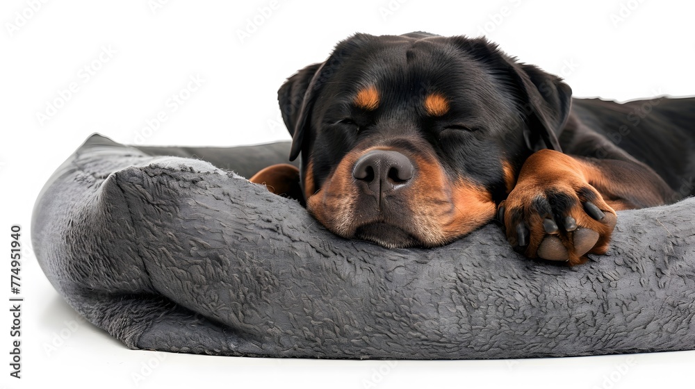 Fototapeta premium Rottweiler sleeping in a Fluffy Bed